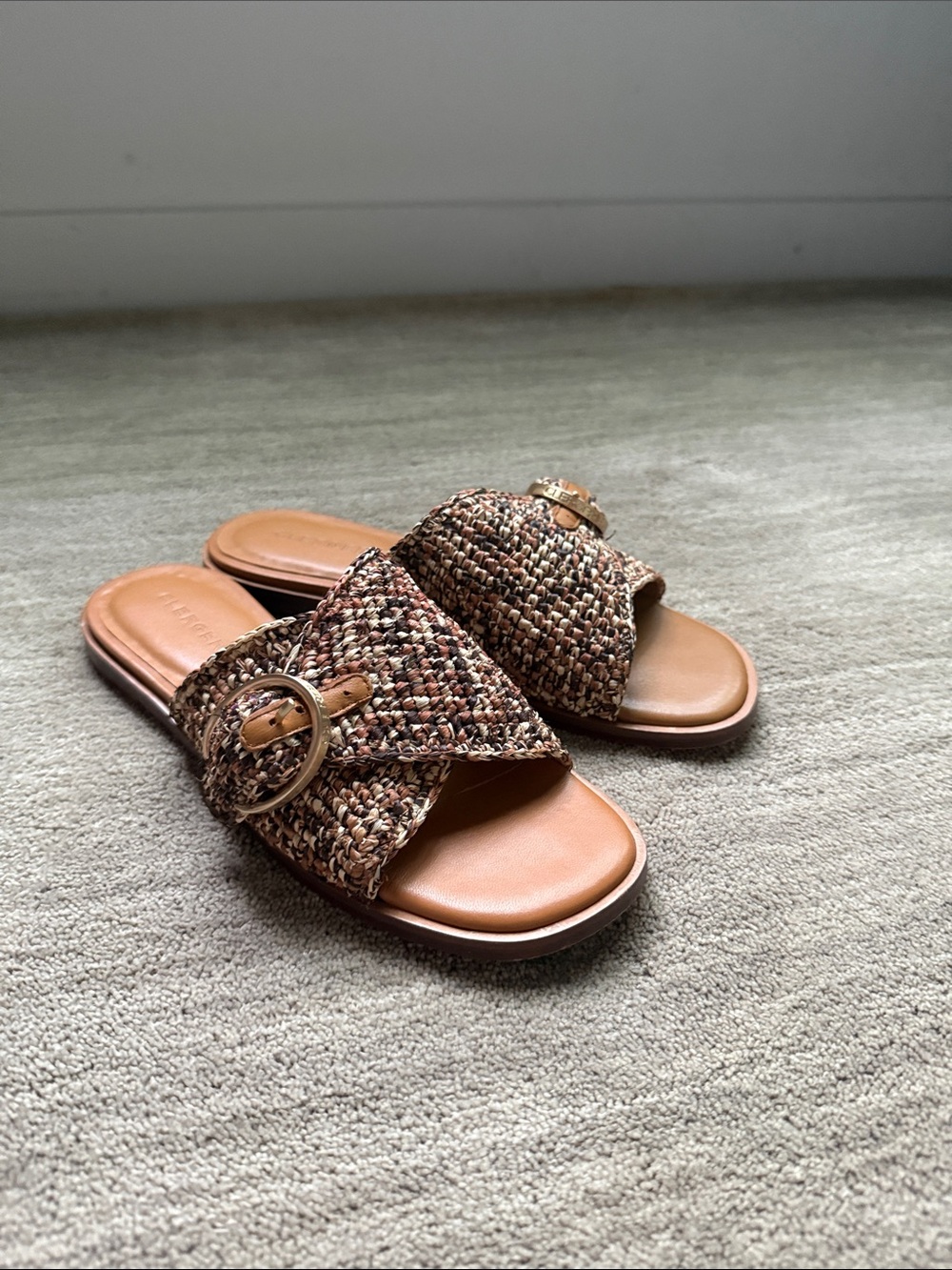 Clergerie woven rattan with large buckle brown slip on slide sandals